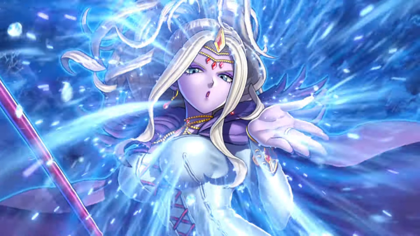 blonde_hair blue_eyes colored_skin dragon_quest dragon_quest_xi earrings eyeshadow highres jewelry kiss lipstick lizlette long_hair looking_at_viewer makeup official_art purple_eyeshadow purple_lips purple_skin solo toriyama_akira