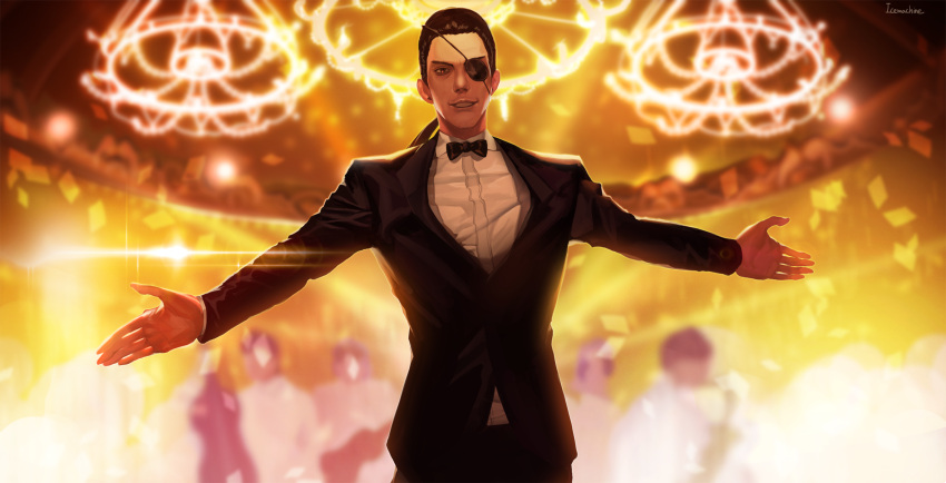 1boy 6+others backlighting black_bow black_hair bow brown_eyes chandelier diffraction_spikes eyepatch formal hair_slicked_back highres indoors long_hair looking_at_viewer majima_gorou male_focus money multiple_others parted_lips pony ryuu_ga_gotoku ryuu_ga_gotoku_1 sai4898 smile solo solo_focus suit yellow_theme