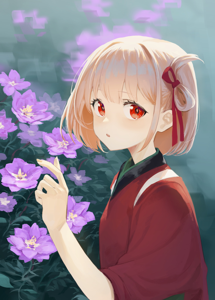 1girl absurdres bangs blonde_hair blurry blurry_background commentary dated_commentary day fingernails flower from_side hair_ribbon hand_up highres japanese_clothes kimono looking_at_viewer looking_to_the_side lycoris_recoil mia_(39565899) nishikigi_chisato one_side_up outdoors parted_lips purple_flower red_eyes red_kimono red_ribbon ribbon short_hair short_sleeves solo tasuki teeth upper_teeth