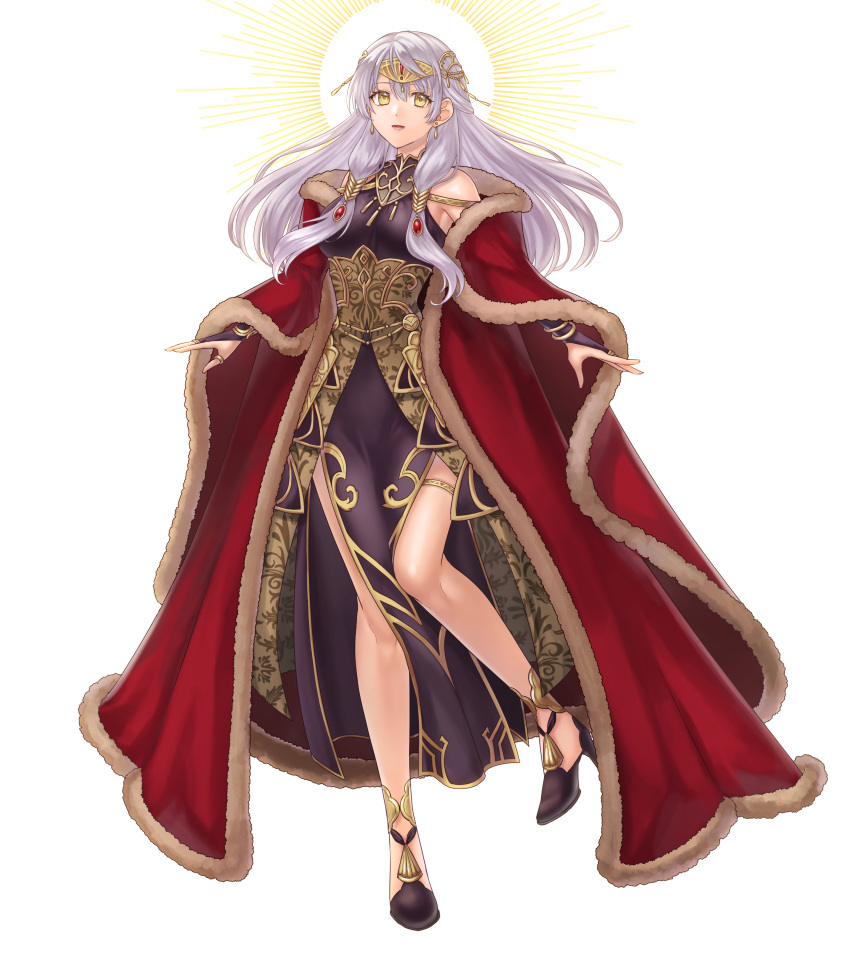 1girl absurdres bangs bare_legs bare_shoulders black_dress black_gloves bracelet bridal_gauntlets cape circlet coat commission dress elbow_gloves fire_emblem fire_emblem:_radiant_dawn fire_emblem_cipher fire_emblem_heroes fur-trimmed_coat fur_trim gloves grey_hair half_updo hazuki_(nyorosuke) highres jewelry long_dress long_hair micaiah_(fire_emblem) official_alternate_costume pelvic_curtain red_cape red_coat side_slit simple_background skeb_commission sleeveless sleeveless_dress smile solo turtleneck_dress white_background yellow_eyes