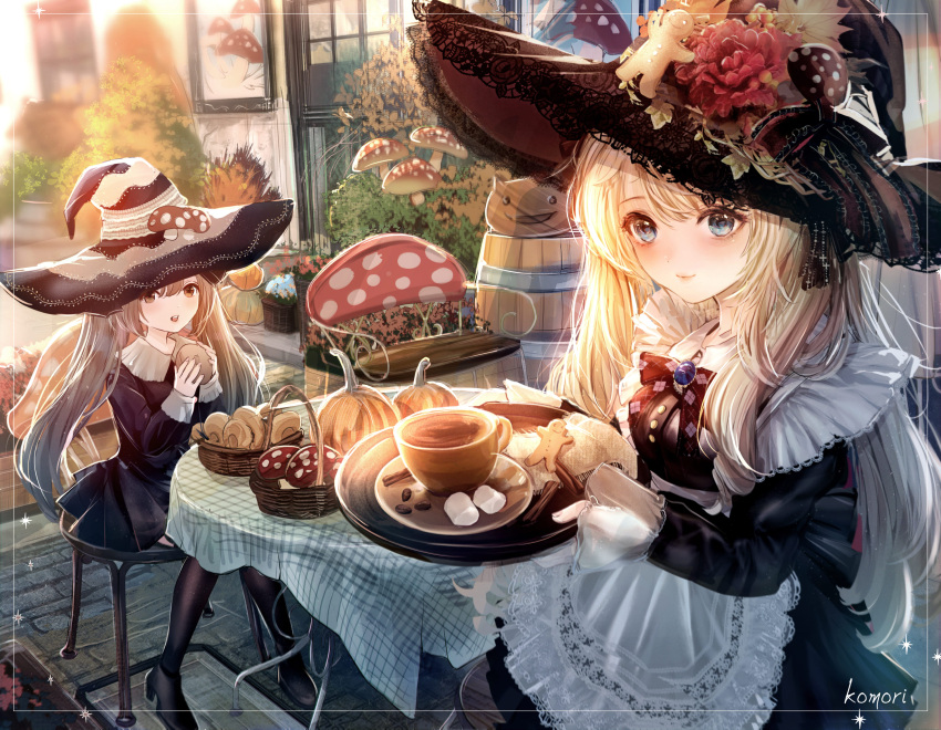2girls :d apron artist_name black_bow black_bowtie black_dress black_headwear black_shirt black_thighhighs blonde_hair blue_eyes blush bow bowtie brown_eyes brown_hair closed_mouth dress dress_shirt flower framed hair_between_eyes hat hat_flower highres holding holding_plate komirihikku long_hair long_sleeves multiple_girls open_mouth original plate pleated_dress print_bow print_bowtie red_flower shirt short_dress sitting sleeves_past_wrists smile standing thigh-highs twintails very_long_hair waist_apron white_apron witch witch_hat