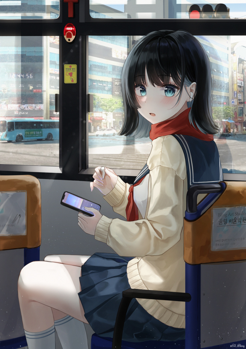 1girl artist_name bangs black_hair bling_(epvc5242) blue_eyes blue_sailor_collar blue_skirt blush building bus bus_interior car cardigan cellphone city commentary_request ground_vehicle highres holding holding_phone long_sleeves looking_at_viewer looking_to_the_side motor_vehicle neckerchief open_cardigan open_clothes original parted_lips phone red_neckerchief red_scarf sailor_collar scarf school_uniform serafuku short_hair sitting skirt smartphone socks solo traffic_light twitter_username watermark white_socks window yellow_cardigan