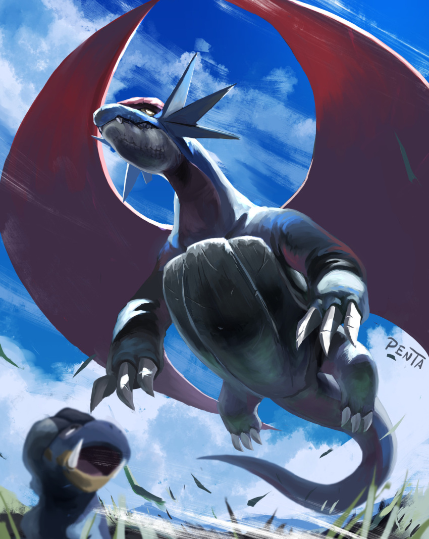 bagon claws closed_mouth clouds commentary_request day dragon falling_leaves fangs grass highres leaf no_humans outdoors penta_oekaki pokemon pokemon_(creature) salamence signature sky