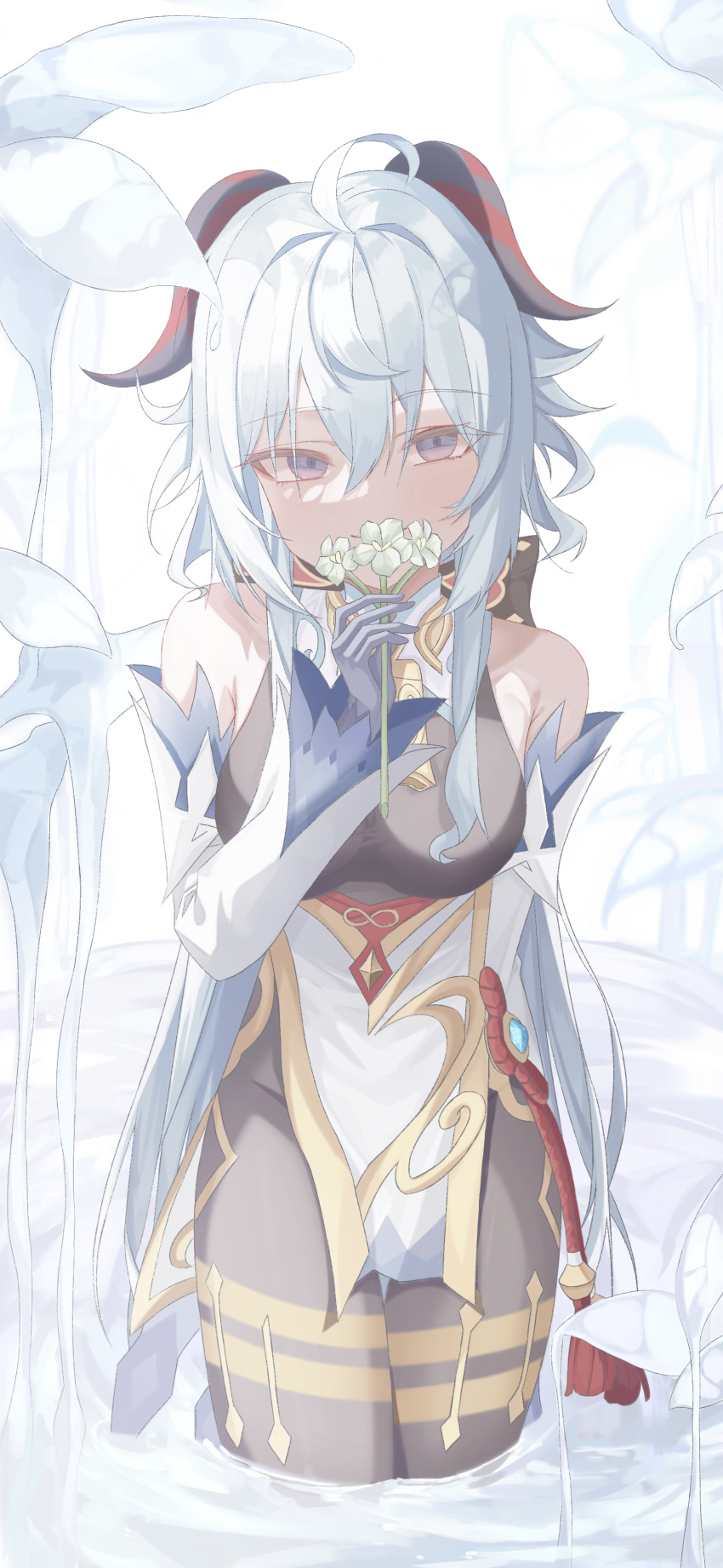 1girl absurdres ahoge bangs bare_shoulders black_pantyhose blue_gloves blue_hair bow breasts cine9447 covering_mouth detached_sleeves flower flower_to_mouth ganyu_(genshin_impact) genshin_impact gloves gold_trim highres holding holding_flower horns long_hair looking_at_viewer medium_breasts pantyhose qingxin_flower sidelocks solo tassel thighlet violet_eyes vision_(genshin_impact) water white_flower white_sleeves
