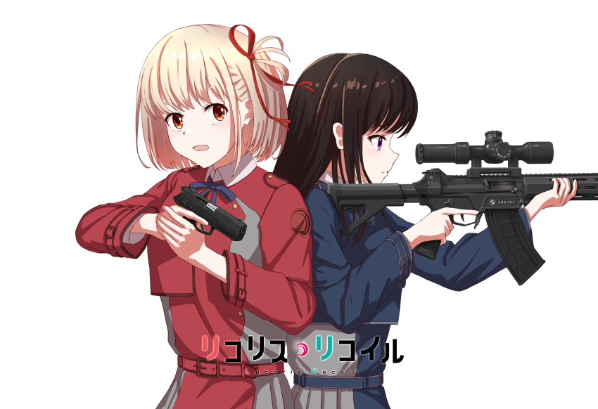 2girls aiming assault_rifle bangs belt black_hair blonde_hair blue_belt blue_dress blue_ribbon bob_cut closed_mouth collared_shirt copyright_name dress green_ribbon grey_dress gun hair_ribbon handgun highres holding holding_gun holding_weapon inoue_takina long_hair long_sleeves lycoris_recoil lycoris_uniform multiple_girls neck_ribbon nishikigi_chisato open_mouth pleated_dress qsz-92 red_belt red_dress red_eyes red_ribbon ribbon rifle school_uniform scope shirt short_hair simple_background two-tone_dress upper_body user_wgvw4555 violet_eyes weapon white_background white_shirt