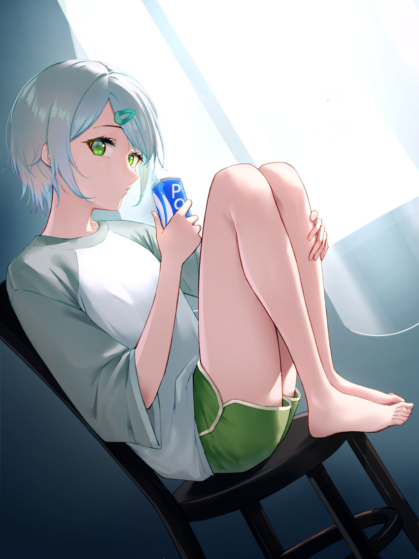 1girl absurdres bangs barefoot can chair curtains dolphin_shorts feet_on_chair full_body green_eyes green_shorts grey_hair grey_shirt hair_ornament hairclip highres hinomori_shiho holding holding_can indoors long_sleeves looking_at_viewer pocari_sweat project_sekai shirt short_hair shorts sidelocks sitting sjuno solo