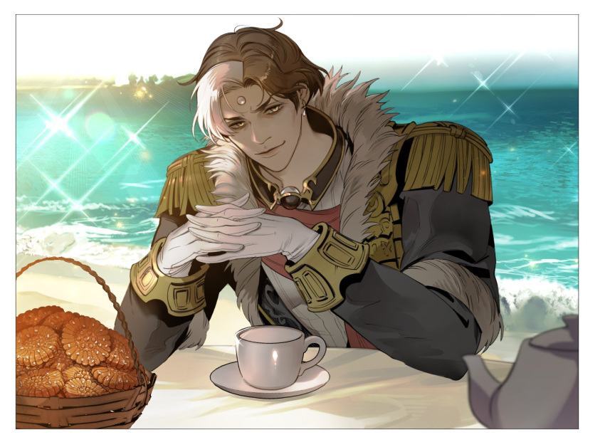 &gt;:) 1boy 5altybitter5 bangs basket beach black_coat border brown_collar brown_hair coat collar commentary_request cookie cup day earrings elbow_rest elbows_on_table emet-selch epaulettes final_fantasy final_fantasy_xiv food fringe_trim fur-trimmed_coat fur_trim garlean gloves horizon interlocked_fingers jewelry korean_commentary lens_flare long_sleeves looking_at_viewer male_focus multicolored_hair ocean outdoors own_hands_together parted_bangs saucer short_hair sitting smile solo sparkle table tea_set teacup teapot third_eye two-tone_hair upper_body v-shaped_eyebrows water white_border white_gloves white_hair yellow_eyes