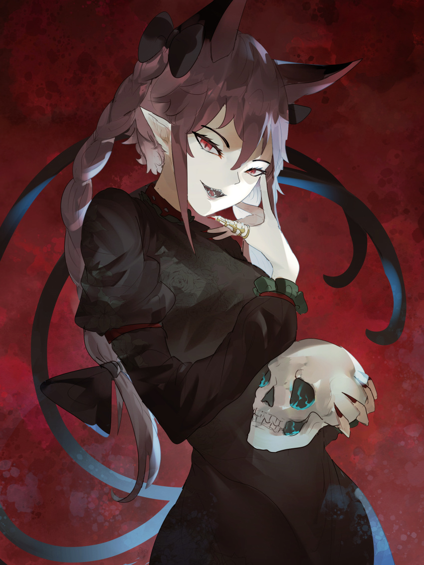 1girl absurdres animal_ears bangs black_dress braid cat_ears cat_tail cowboy_shot dress extra_ears fangs fingernails floral_print highres holding holding_skull jewelry juliet_sleeves kaenbyou_rin long_sleeves looking_at_viewer multiple_tails naufaldreamer pointy_ears puffy_sleeves red_background red_eyes red_nails redhead sharp_fingernails sharp_teeth side_braids skull slit_pupils solo standing tail teeth touhou twin_braids two_tails