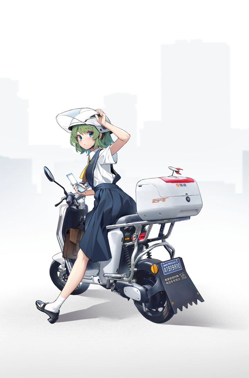 1girl absurdres arnold_scarlet ascot bag bangs black_footwear black_skirt blue_eyes blush cellphone commentary_request flip_phone green_hair ground_vehicle helmet highres holding holding_phone motor_vehicle motorcycle_helmet on_motorcycle original parted_lips phone riding school_bag school_uniform scooter shadow shirt shoes short_hair short_sleeves skirt solo white_shirt yellow_ascot