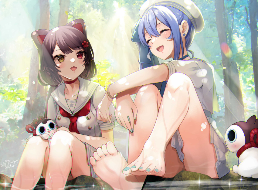 2girls :d animal_ears ascot bare_legs barefoot beret black_hair blue_hair blue_nails choker closed_eyes dog_ears ear_piercing earrings forest hair_ornament hairclip hat heterochromia highres hololive hoshimachi_suisei inui_toko jewelry long_hair low_twintails multiple_girls nail_polish nature nijisanji open_mouth piercing red_eyes school_uniform serafuku shinomiya_shino_(sinosino141) side_ponytail smile soaking_feet sunlight toenail_polish toenails tree twintails virtual_youtuber water yellow_eyes