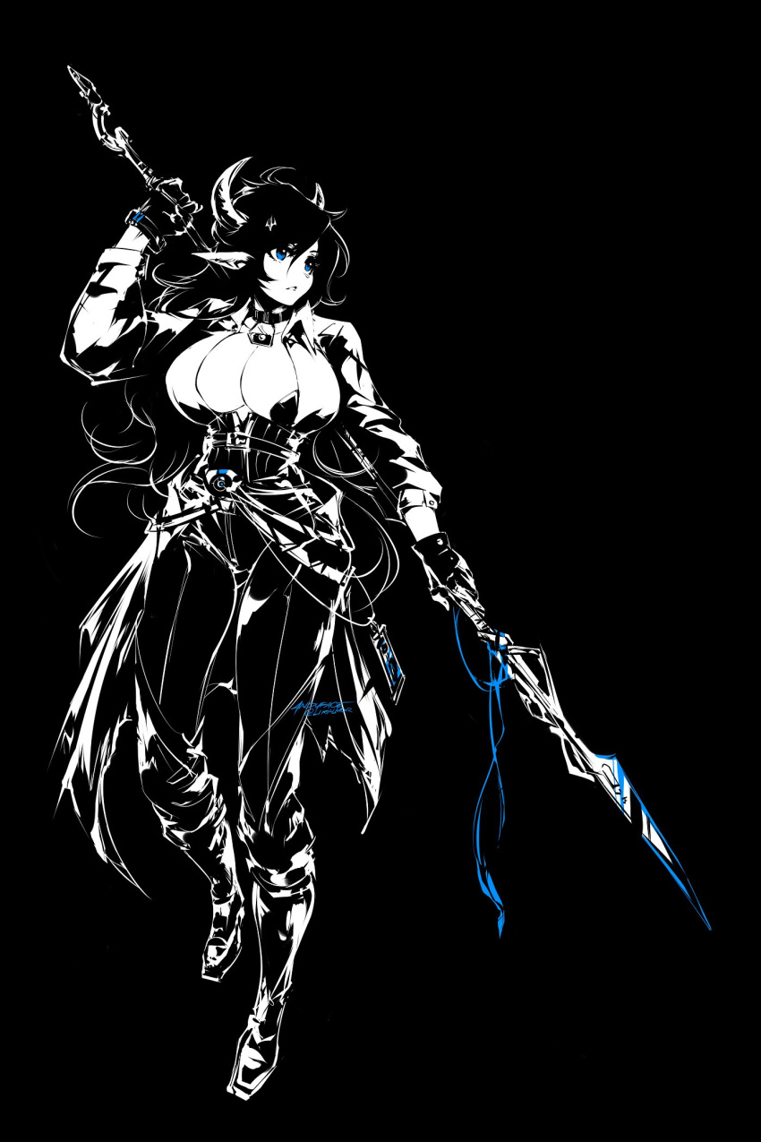 1girl andyface animal_ears ass_visible_through_thighs bell black_background blue_eyes boots breasts collar cow_horns cowbell highres horns large_breasts long_hair looking_to_the_side original pointy_ears polearm solo spear spot_color weapon