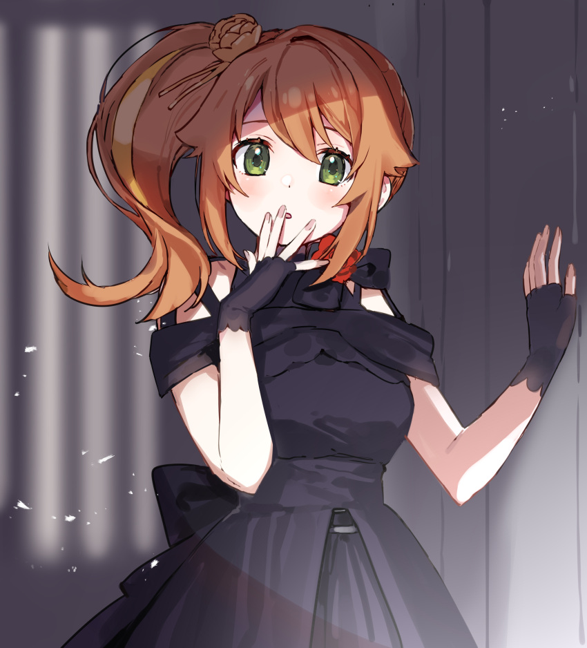 1girl :o absurdres bangs black_dress blurry blurry_background blush breasts covering_mouth dress fingerless_gloves gloves green_eyes hanamaru_hareru hand_over_own_mouth hand_up highres indie_virtual_youtuber long_hair looking_at_viewer orange_hair side_ponytail small_breasts solo upper_body virtual_youtuber yumesaki_nana