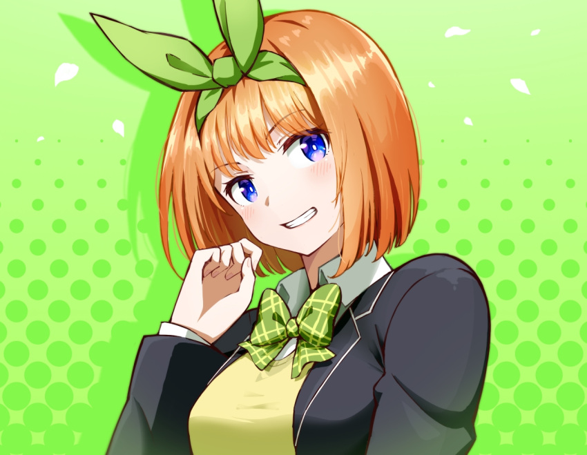 1girl bangs black_jacket blazer blue_eyes blush bow bowtie collared_shirt commentary_request go-toubun_no_hanayome green_background green_bow green_bowtie green_ribbon hair_ribbon jacket kooeiatd111020 looking_at_viewer medium_hair nakano_yotsuba open_clothes open_jacket orange_hair plaid plaid_bow polka_dot polka_dot_background ribbon school_uniform shirt smile solo sweater sweater_vest teeth upper_body white_shirt yellow_sweater yellow_sweater_vest