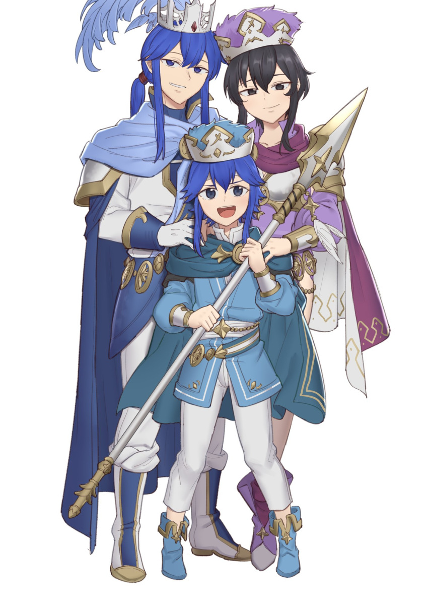 1boy 2girls black_eyes black_hair blue_eyes blue_hair boots cape crown ebinku fire_emblem fire_emblem:_genealogy_of_the_holy_war hat_feather highres holding holding_polearm holding_weapon larcei_(fire_emblem) long_hair looking_at_viewer multiple_girls polearm seliph_(fire_emblem) simple_background spear weapon white_background