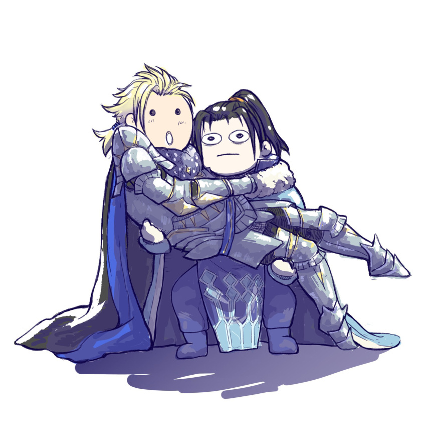2boys :o armor black_hair blonde_hair blue_cape breastplate cape carrying closed_mouth dimitri_alexandre_blaiddyd felix_hugo_fraldarius fire_emblem fire_emblem:_three_houses fire_emblem_warriors:_three_hopes fur_collar gauntlets greaves high_ponytail highres hotchociart long_hair long_sleeves low_ponytail multiple_boys pauldrons ponytail princess_carry shoulder_armor simple_background white_background