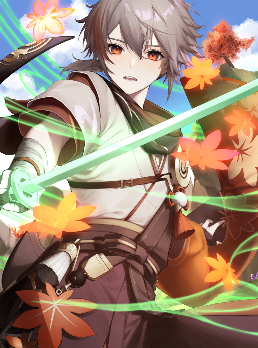 1boy absurdres autumn_leaves bandaged_arm bandaged_hand bandages bangs black_gloves clouds commentary_request day ebibi_chiriri fingerless_gloves genshin_impact gloves glowing glowing_sword glowing_weapon grey_hair hair_between_eyes highres holding holding_sword holding_weapon japanese_clothes kaedehara_kazuha leaf leaf_print looking_at_viewer male_focus outdoors parted_lips ponytail red_eyes redhead sky solo sword tree weapon