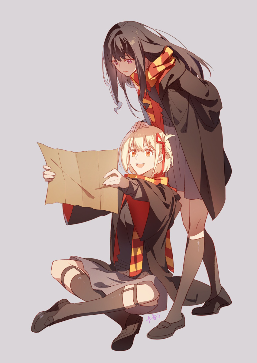 2girls absurdres alternate_costume bangs black_footwear black_hair black_robe black_socks blonde_hair commentary_request grey_background gryffindor hair_ribbon hand_on_another's_head harry_potter_(series) highres hogwarts_school_uniform holding holding_paper indian_style inoue_takina kneehighs long_hair long_sleeves lycoris_recoil multiple_girls nishikigi_chisato open_mouth paper pleated_skirt red_eyes red_ribbon ribbon robe scarf school_uniform shoes short_hair signature simple_background sitting skirt smile socks standing violet_eyes walluku wide_sleeves