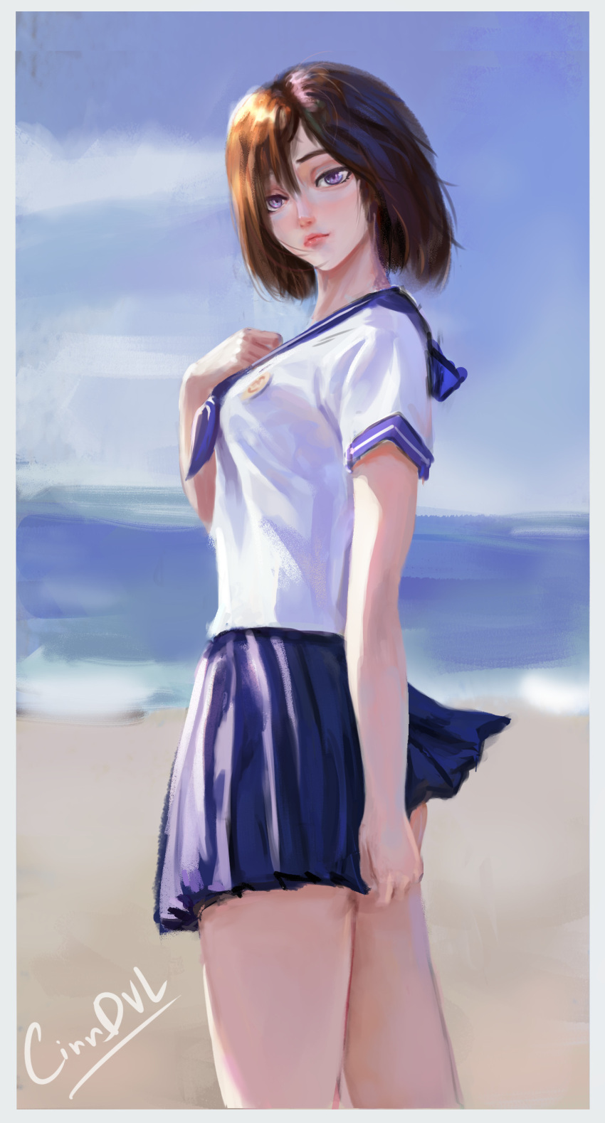 1girl absurdres artist_name beach blurry blurry_background brown_hair cinndvl cowboy_shot english_commentary from_side hand_on_own_chest highres looking_at_viewer ocean original school_uniform short_hair short_sleeves skirt solo violet_eyes
