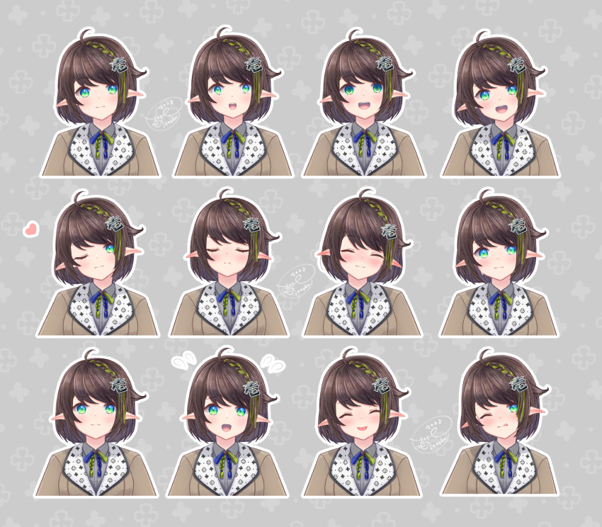 1girl :d :t ;) ;q ^_^ ahoge bangs blue_eyes blush braid brown_hair brown_jacket brown_skirt closed_eyes closed_mouth collared_shirt copyright_request cropped_torso dress_shirt empty_eyes facing_viewer green_eyes green_hair grey_background grey_shirt grin hair_ornament hand_up heart highres ittokyu jacket long_sleeves looking_at_viewer multicolored_hair multiple_views one_eye_closed outline pointy_ears pout shirt skirt sleeves_past_wrists smile streaked_hair tongue tongue_out upper_body white_outline