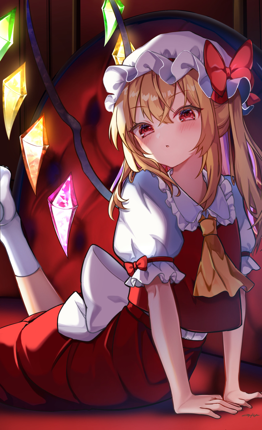 1girl absurdres ascot back_bow bangs blonde_hair blush bow collared_shirt crystal expressionless flandre_scarlet frilled_shirt_collar frilled_sleeves frills hair_between_eyes hat hat_bow hat_ribbon highres looking_at_viewer medium_hair mob_cap one_side_up open_mouth puffy_short_sleeves puffy_sleeves red_bow red_ribbon red_skirt red_vest ribbon shirt short_sleeves skirt skirt_set solo touhou vest white_bow white_headwear white_shirt wings yellow_ascot yuineko