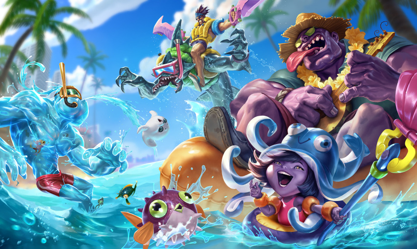 2girls axe beard blurry blurry_background city clouds cloudy_sky creature dr._mundo draven facial_hair fish hat headband highres instrument league_of_legends lifebuoy looking_at_viewer lulu_(league_of_legends) multiple_boys multiple_girls muscular muscular_male music ocean official_alternate_costume official_art open_mouth palm_tree pectorals playing_instrument pool_party_draven pool_party_lulu pool_party_mundo pool_party_zac rek'sai sand seal_(animal) short_hair sixmorevodka sky spiky_hair splashing staff straw_hat sunglasses teeth thick_arms thick_thighs thighs tongue tongue_out topless_male tree ukulele water weapon yellow_eyes zac_(league_of_legends)
