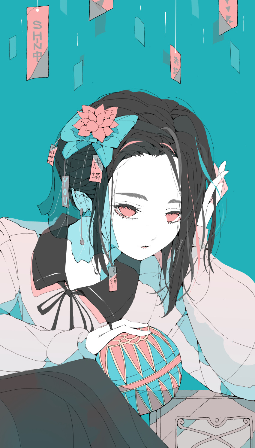 1girl absurdres ball black_hair blue_background bow earrings flower hair_bow hair_flower hair_ornament hand_up highres jewelry long_sleeves nocopyrightgirl pale_skin piercing red_eyes tanzaku veil vocaloid