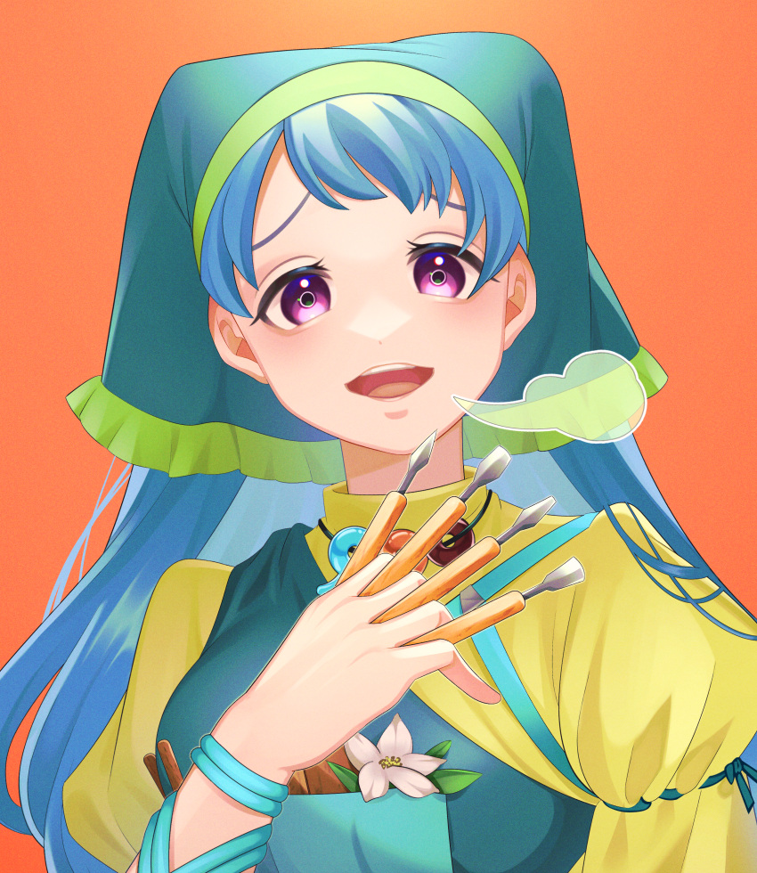 1girl absurdres apron bangs between_fingers blue_hair blush breasts commentary_request dress green_apron green_headwear guumin haniyasushin_keiki head_scarf highres jewelry long_hair looking_at_viewer magatama magatama_necklace medium_breasts necklace open_mouth orange_background pink_eyes single_strap smile solo tools touhou upper_body yellow_dress