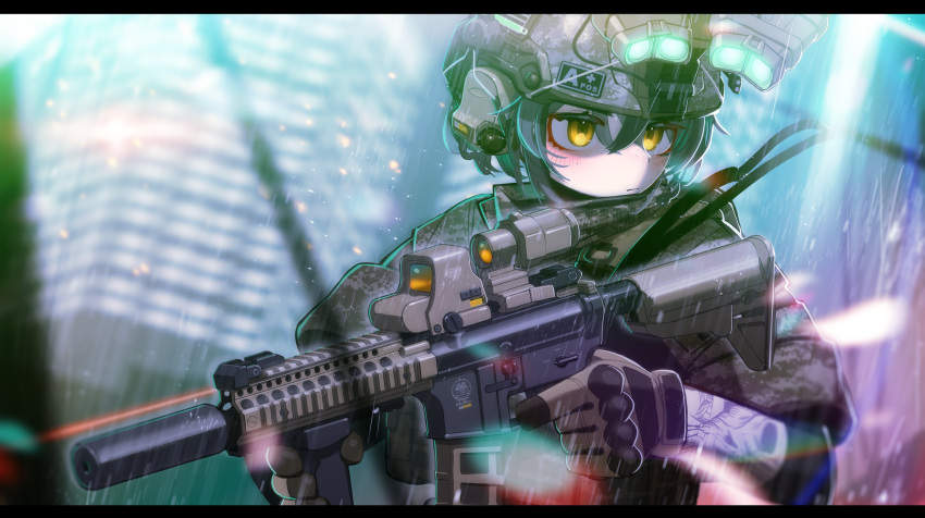 1girl absurdres arm_tattoo gloves gun helmet highres iwasawayuki military_operator night_vision_device original rifle short_hair skull skull_tattoo tattoo weapon weapon_request yellow_eyes