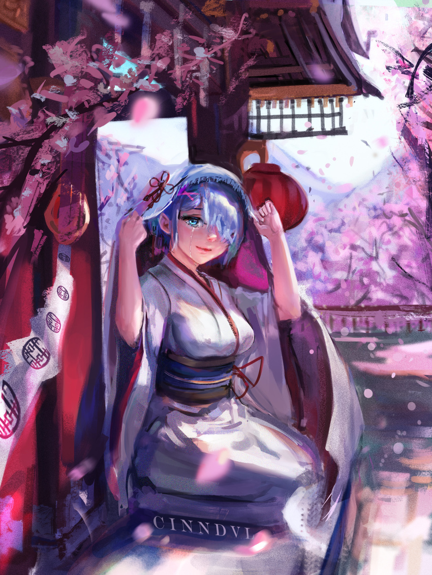 1girl absurdres blue_eyes breasts cherry_blossoms cinndvl commission crying english_commentary full_body hair_over_one_eye highres japanese_clothes kimono large_breasts looking_at_viewer petals re:zero_kara_hajimeru_isekai_seikatsu rem_(re:zero) sad_smile seiza short_hair shrine sitting smile solo streaming_tears tears