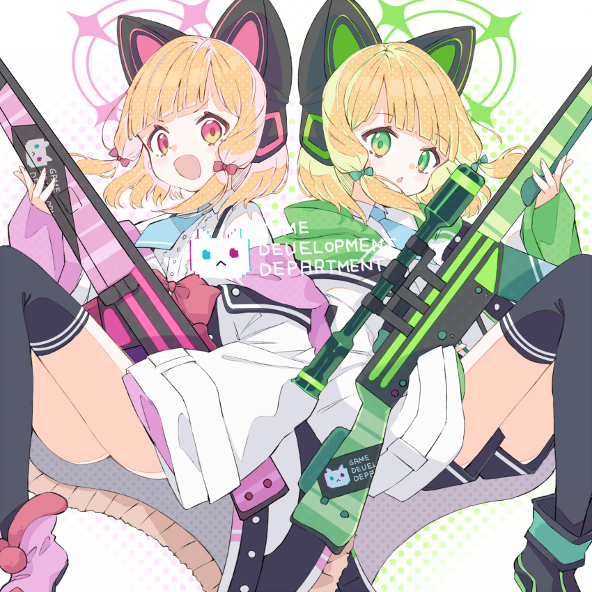2girls :d animal_ear_headphones animal_ears battle_rifle black_footwear black_shorts black_skirt blonde_hair blue_archive blue_necktie boots bow cat_ear_headphones closed_mouth collared_shirt fake_animal_ears green_bow green_eyes gun h&amp;k_g3 hair_bow halo headphones highres holding holding_gun holding_weapon jacket long_sleeves looking_at_viewer midori_(blue_archive) momoi_(blue_archive) multiple_girls necktie off_shoulder open_clothes open_jacket open_mouth pink_footwear pleated_skirt red_bow red_eyes ribbon rifle school_uniform shirt short_hair short_shorts shorts siblings simple_background sisters skirt sleeves_past_wrists smile sniper_scope tail thigh-highs thighhighs_under_boots thighs twins waguri-rate weapon white_background white_jacket white_shirt wide_sleeves