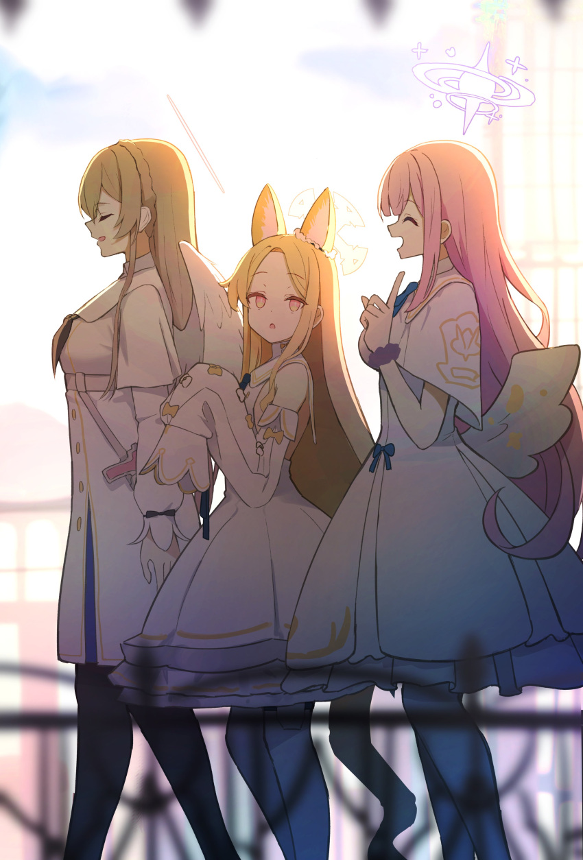 3girls ^_^ absurdres animal_ears bangs blonde_hair blue_archive blurry blurry_background blurry_foreground breasts capelet closed_eyes detached_sleeves dress feet_out_of_frame fox_ears halo highres index_finger_raised long_hair long_sleeves looking_at_viewer matsushika medium_breasts mika_(blue_archive) multiple_girls nagisa_(blue_archive) open_mouth pink_hair profile scrunchie seia_(blue_archive) sidelocks sleeves_past_fingers sleeves_past_wrists walking white_dress wings wrist_scrunchie