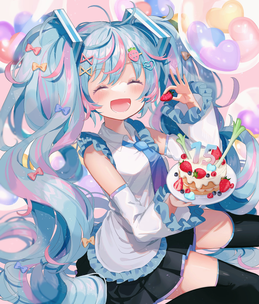 1girl :d absurdres bangs black_skirt black_thighhighs blue_hair blue_necktie bow closed_eyes commentary_request detached_sleeves food food-themed_hair_ornament fruit fuinagi_(huyuu_mm) hair_bow hair_ornament hairclip hatsune_miku heart heart_hair_ornament highres holding holding_food holding_fruit holding_plate long_hair necktie open_mouth partial_commentary plate shirt skirt smile solo spring_onion strawberry strawberry_hair_ornament thigh-highs twintails vocaloid white_shirt zettai_ryouiki