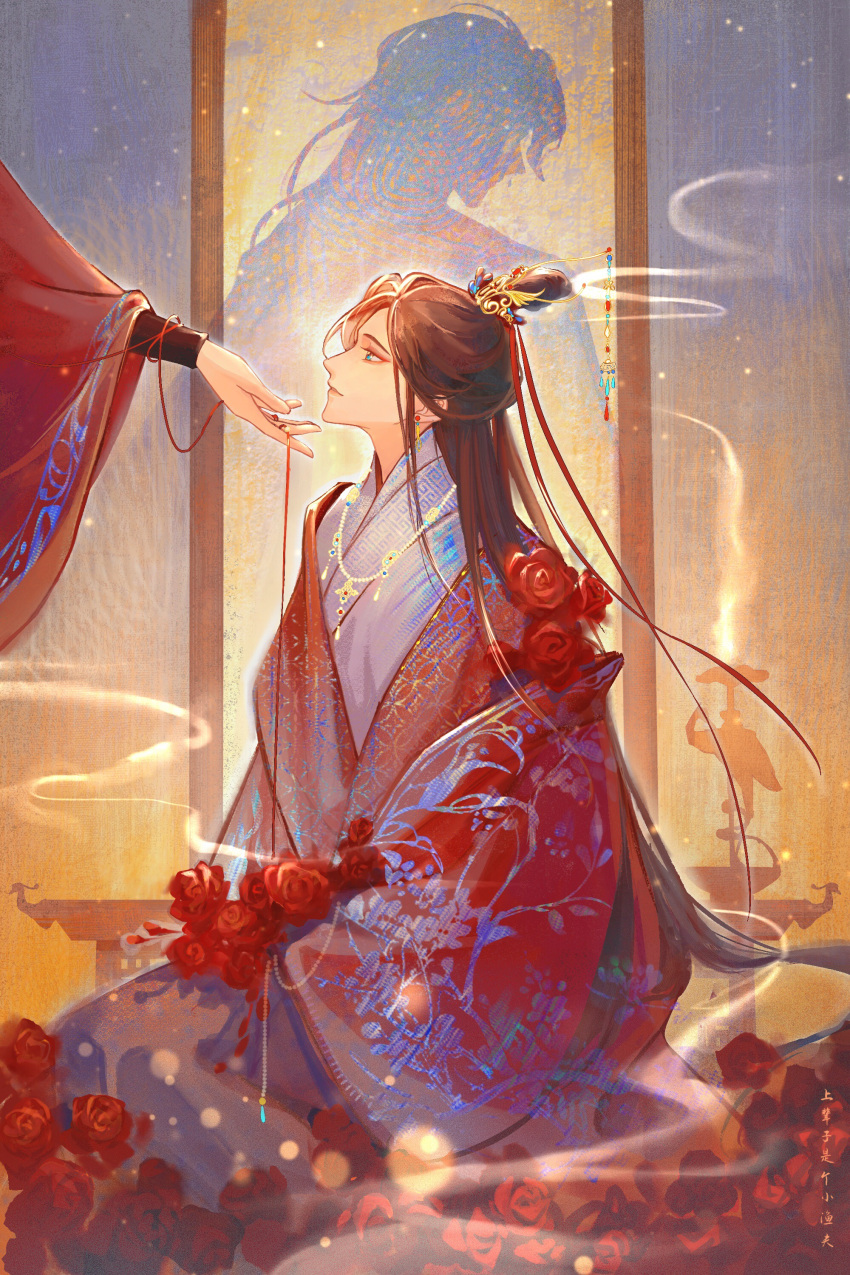 2boys absurdres bangs blurry chain chinese_clothes depth_of_field dress flower gem green_eyes hair_ornament hanfu highres hua_cheng husband_and_husband long_sleeves looking_up multiple_boys mumuda13531 parted_bangs pearl_(gemstone) profile red_flower red_rose rose smoke tian_guan_ci_fu wedding_dress wide_sleeves xie_lian