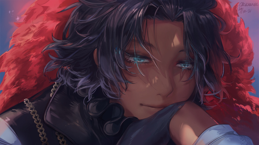 1boy bangs bartholomew_roberts_(fate) black_gloves black_hair blue_eyes closed_mouth commentary_request dark-skinned_male dark_skin fate/grand_order fate_(series) feather_boa gloves jewelry looking_at_viewer male_focus necklace origarnic portrait shiny shiny_hair short_hair smile solo