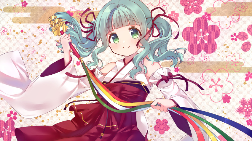 1girl alternate_costume bangs bell blunt_bangs blush cherry_blossoms detached_sleeves dot_nose egasumi futaba_sana green_eyes hair_ribbon hakama hakama_skirt highres holding japanese_clothes jewelry jingle_bell kagura_suzu kimono looking_at_viewer magia_record:_mahou_shoujo_madoka_magica_gaiden mahou_shoujo_madoka_magica medium_hair nontraditional_miko red_ribbon red_skirt ribbon ring ruru_(rurumagi) seigaiha sidelocks skirt sleeveless sleeveless_kimono smile solo split_mouth twintails wavy_hair white_kimono white_sleeves yagasuri