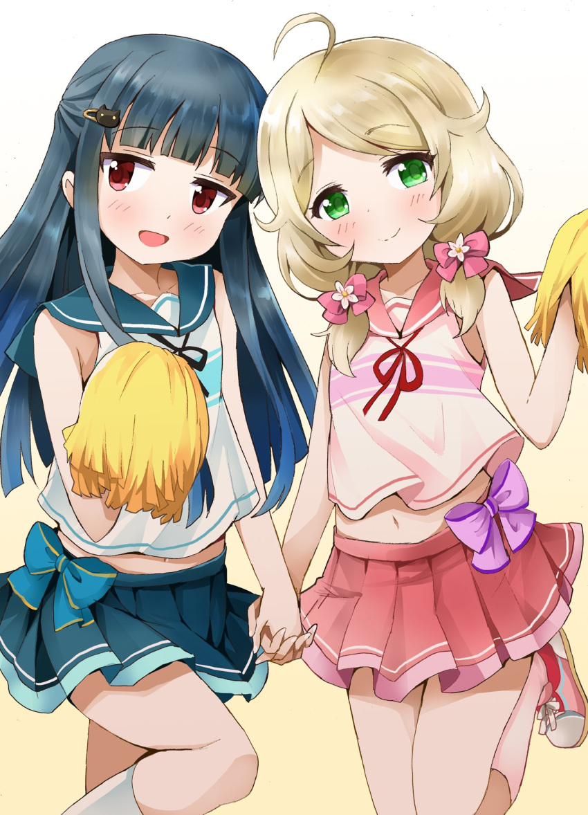 2girls ahoge bangs blonde_hair blue_bow blue_bowtie blue_hair blue_sailor_collar blue_skirt blunt_bangs blush bow bowtie cat_hair_ornament cheerleader collarbone dot_nose female_child flat_chest gradient gradient_background green_eyes hair_bow hair_ornament hairclip hand_up highres holding_hands idolmaster idolmaster_cinderella_girls interlocked_fingers leg_up legs long_hair looking_at_viewer low_twintails michii_yuuki multiple_girls navel open_mouth pink_bow pink_footwear pink_sailor_collar pink_shirt pink_skirt pink_socks pleated_skirt pom_pom_(cheerleading) red_bow red_bowtie red_eyes sailor_collar sajo_yukimi shirt shoes short_hair sidelocks skirt sleeveless sleeveless_shirt smile sneakers socks thighs twintails waist_bow wavy_hair white_shirt white_socks yellow_pom_poms yusa_kozue