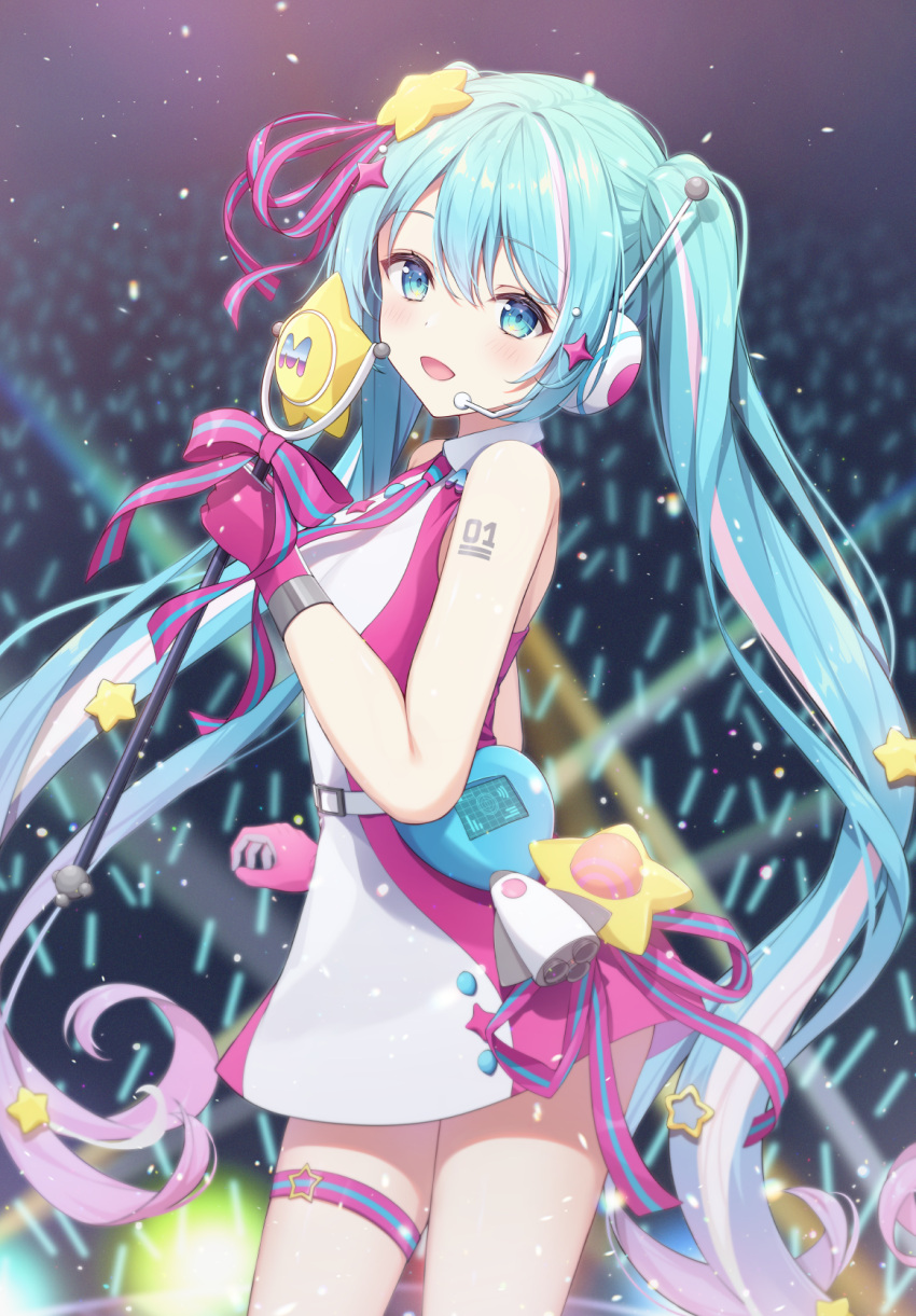 aqua_eyes aqua_hair belted_skirt collared_shirt cowboy_shot dark_room gloves glowing hair_ornament hatsune_miku headset highres holding holding_wand idol light_particles long_hair looking_at_viewer magical_mirai_(vocaloid) necktie number_tattoo open_mouth pink_gloves pink_necktie pink_shirt pink_skirt shirt skirt sleeveless sleeveless_shirt smile stage star_(symbol) star_hair_ornament star_wand tattoo twintails two-tone_dress two-tone_shirt vocaloid wand white_shirt white_skirt wotagei yumenone_(conectarts)