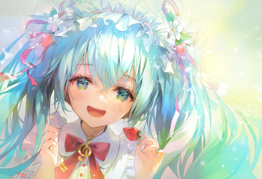 1girl 888myrrh888 :d bangs blue_eyes blue_hair blush bow collared_shirt commentary_request dress_shirt flower food fruit hair_between_eyes hands_up hatsune_miku highres holding holding_food long_hair looking_at_viewer red_bow ribbon-trimmed_sleeves ribbon_trim shirt smile solo strawberry teeth treble_clef upper_body upper_teeth vocaloid white_flower white_shirt