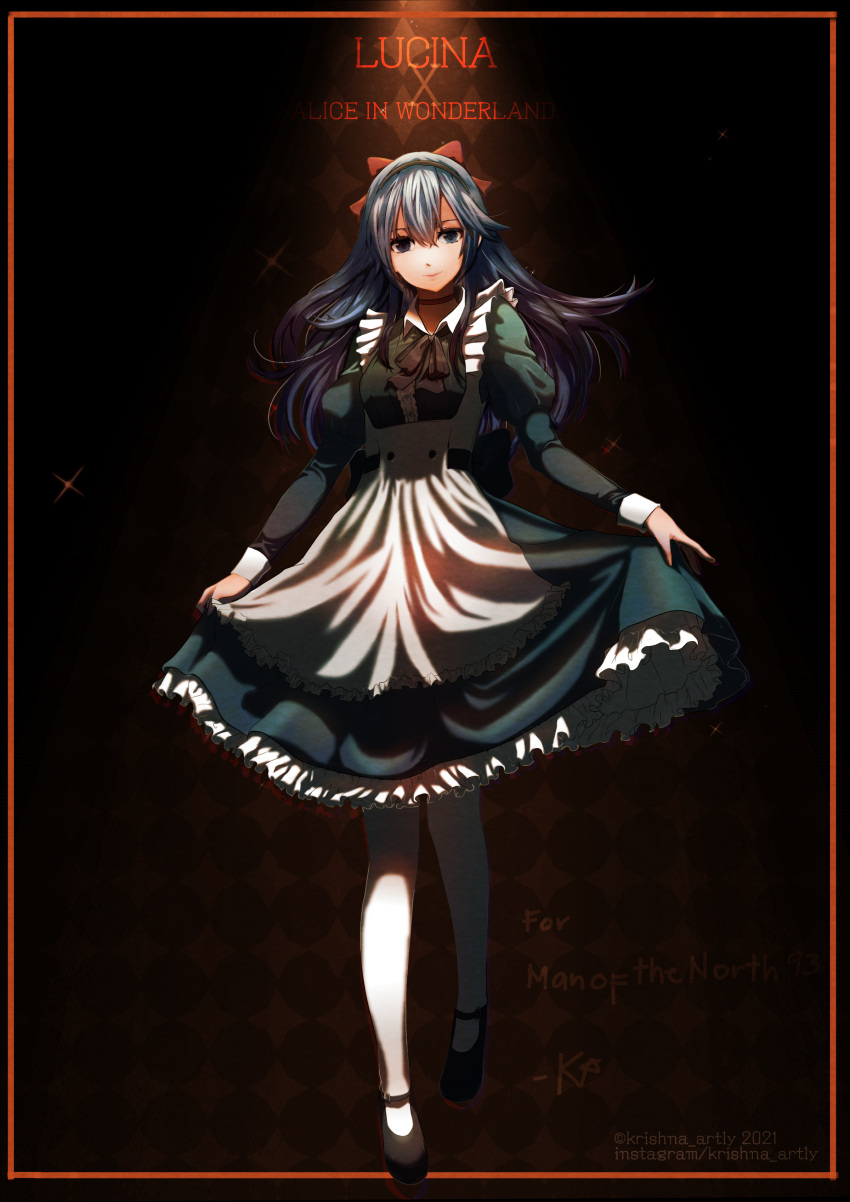 1girl absurdres alice_(alice_in_wonderland) alice_(alice_in_wonderland)_(cosplay) alice_in_wonderland apron bangs black_footwear black_hairband blue_eyes blue_hair bow character_name choker cosplay dress fire_emblem fire_emblem_awakening full_body hair_bow hairband highres krishna_artly long_hair looking_at_viewer lucina_(fire_emblem) puffy_sleeves red_bow smile solo symbol_in_eye thigh-highs twitter_username wrist_cuffs