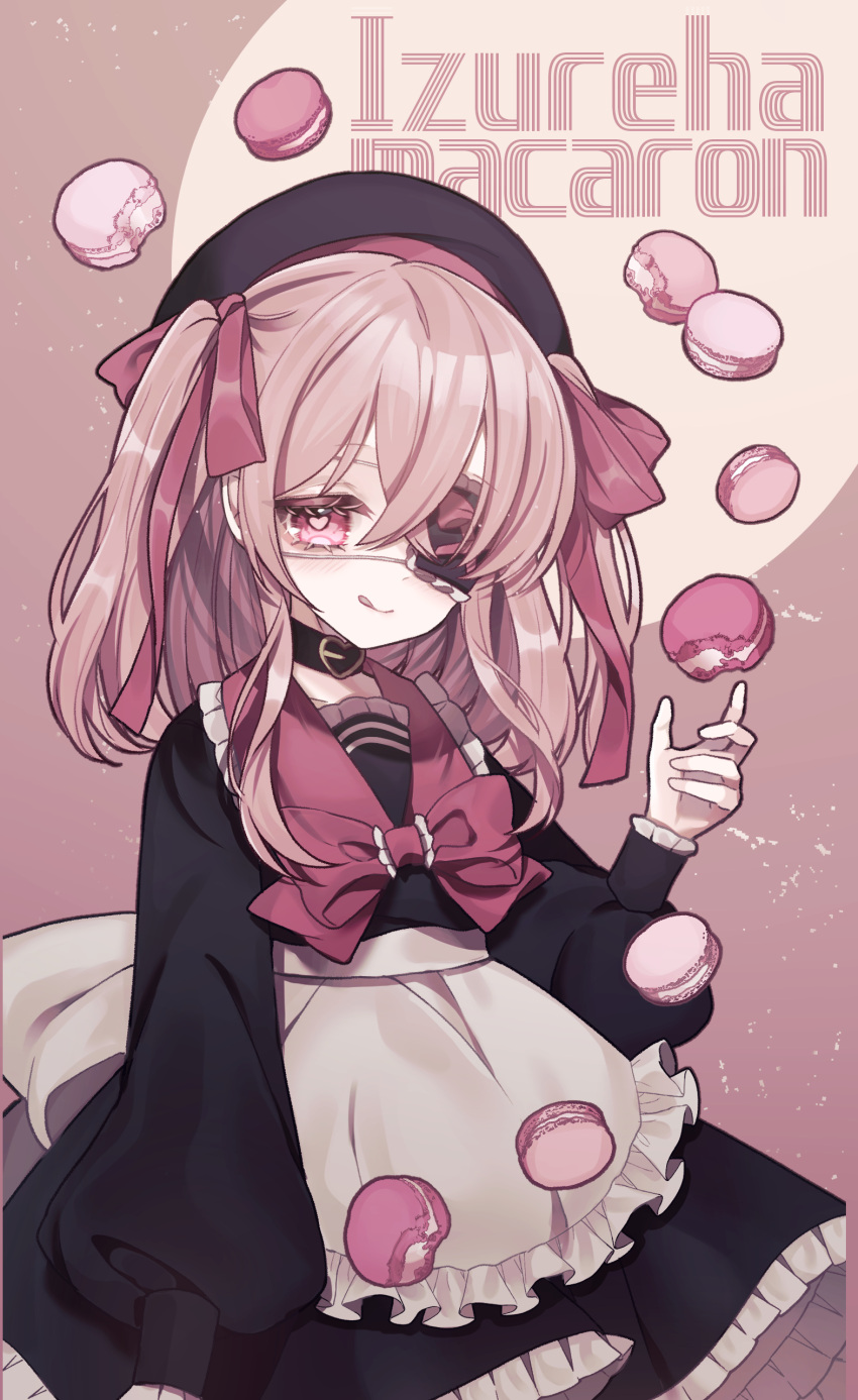 1girl absurdres black_choker black_dress black_headwear brown_background brown_hair choker dress eyepatch food hair_ribbon hat highres licking_lips long_hair long_sleeves macaron mogmogyasai original pink_eyes red_ribbon ribbon smile solo tongue tongue_out