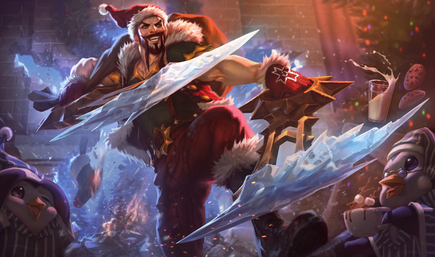 1boy alvinlee axe baggy_pants beard biceps bird blurry blurry_background breaking brick brick_wall christmas_tree cookie draven facial_hair fire food gloves hat hot_chocolate jacket league_of_legends leather leather_belt looking_to_the_side male_focus manly mature_male milk muscular muscular_male official_alternate_costume official_art pants penguin rock santa_costume santa_draven santa_hat short_sleeves snow snowing solo teeth weapon