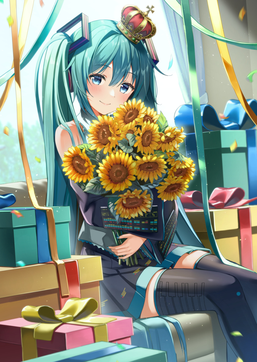 1girl aqua_hair bangs banned_artist black_skirt black_sleeves black_thighhighs blue_eyes blush box closed_mouth commentary_request confetti curtains day detached_sleeves feet_out_of_frame flower gift gift_box hair_between_eyes hatsune_miku highres indoors long_sleeves object_hug pleated_skirt skirt smile solo sunflower thigh-highs twintails vocaloid wide_sleeves window yellow_flower yuuka_nonoko