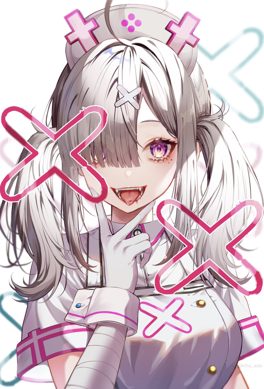 1girl ahoge apron bandaged_arm bandages breasts buttons double-breasted eyelashes fangs gloves grey_hair hair_ornament hair_over_one_eye hairclip hat highres large_breasts long_hair looking_at_viewer mia_(fai1510) mole mole_under_eye nijisanji nurse nurse_cap sharp_teeth short_sleeves skirt solo sukoya_kana teeth tongue tongue_out twintails upper_body v_over_mouth violet_eyes virtual_youtuber white_apron white_gloves white_headwear white_skirt wrist_cuffs x_hair_ornament