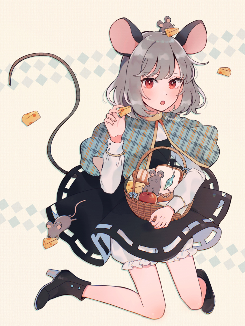 1girl :o animal_ears animal_on_head apple bangs basket black_dress black_footwear bloomers blue_capelet blush bread capelet cheese dress eyelashes fingernails flat_chest food fruit full_body grey_hair highres holding holding_basket jewelry long_sleeves looking_at_viewer mouse mouse_ears mouse_tail mozukuzu_(manukedori) nazrin on_head open_mouth pendant red_eyes short_hair solo tail touhou twitter_username underwear