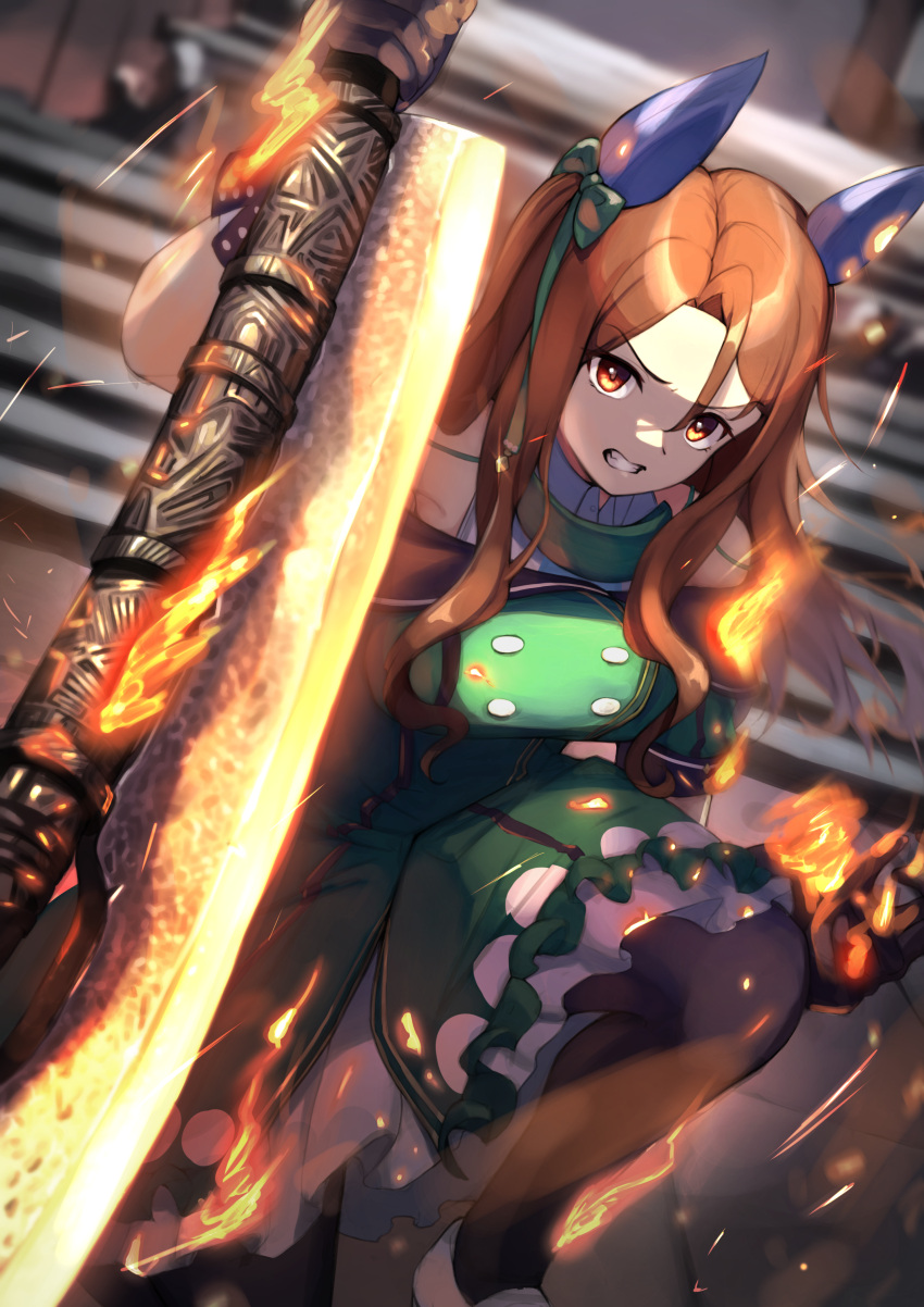 1girl absurdres animal_ears bare_shoulders black_gloves brown_eyes brown_hair clenched_teeth collared_dress dark_souls_(series) dress embers fire gloves green_dress highres holding holding_sword holding_weapon horse_ears horse_girl king_halo_(umamusume) long_hair one_knee pantyhose solo sword teeth tsujiya_okuyasu umamusume weapon weapon_request white_footwear