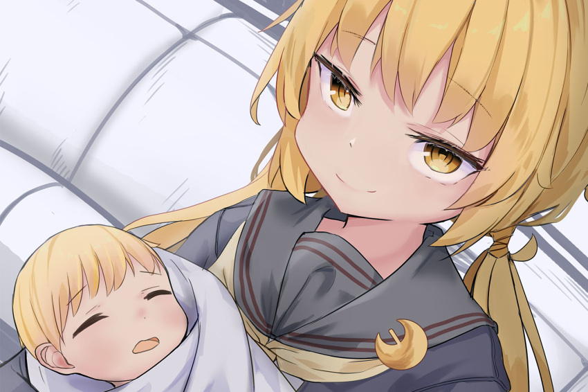 2girls aged_down baby black_jacket black_sailor_collar blonde_hair commentary_request crescent crescent_pin dual_persona jacket kantai_collection logiclr long_hair multiple_girls neckerchief sailor_collar satsuki_(kancolle) satsuki_kai_ni_(kancolle) twintails yellow_eyes yellow_neckerchief