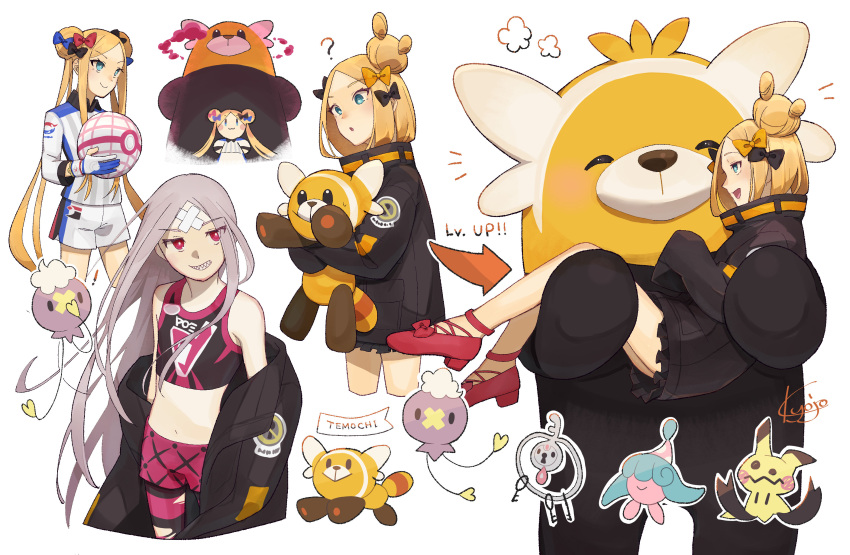 1girl abigail_williams_(fate) abigail_williams_(traveling_outfit)_(fate) absurdres alternate_color bandaid bandaid_on_face bandaid_on_forehead bewear black_coat blonde_hair blue_eyes bow carrying coat cosplay cropped_legs double_bun drifloon dynamax dynamax_ball dynamax_band fate/grand_order fate_(series) grin gym_challenge_uniform hair_bow hair_bun hatenna highres klefki kyojo128 long_hair marnie_(pokemon) marnie_(pokemon)_(cosplay) midriff mimikyu navel pokemon pokemon_(game) pokemon_swsh princess_carry red_eyes shiny_pokemon shorts signature single_hair_bun smile stufful white_background