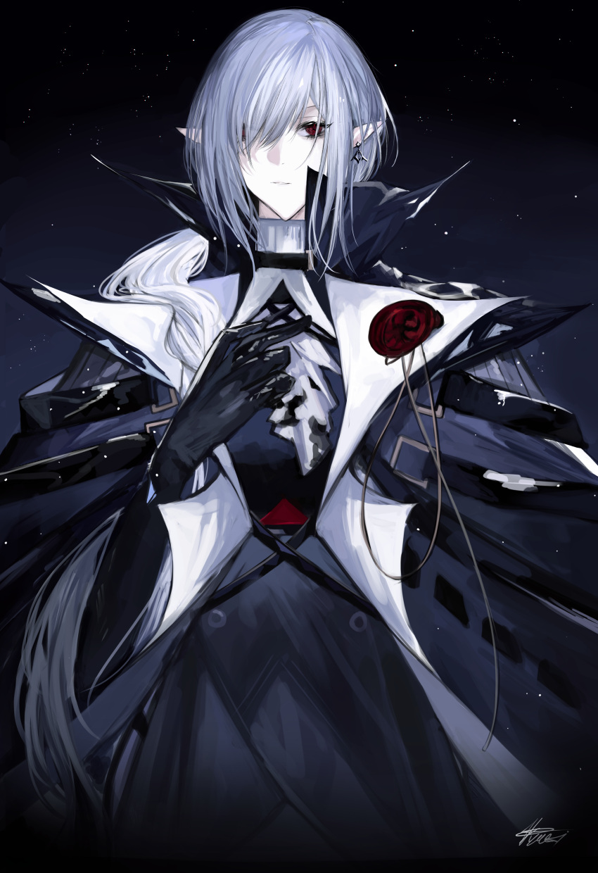 1girl absurdres arknights ascot bangs black_gloves cape commentary corsage earrings elbow_gloves gladiia_(arknights) gloves grey_hair hair_over_one_eye hand_on_own_chest high_collar highres jewelry long_hair night night_sky no_headwear one_eye_covered parted_lips pointy_ears red_eyes signature sky solo upper_body white_ascot yuki_flourish