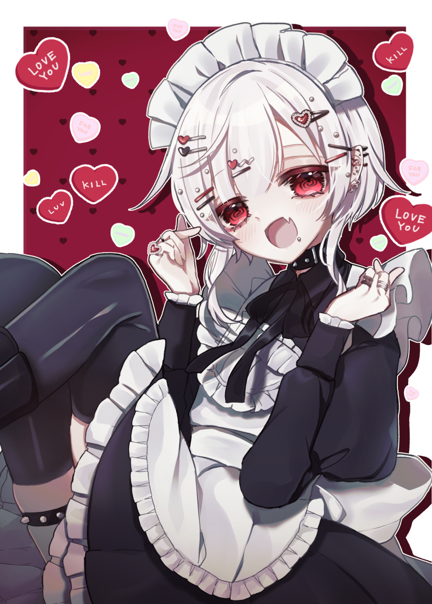 :d absurdres black_bow black_choker black_thighhighs blush bow choker crossdressing fang feet_out_of_frame hair_ornament hairclip hands_up heart heart_hair_ornament highres jewelry long_sleeves looking_at_viewer maid maid_headdress mogmogyasai original puffy_long_sleeves puffy_sleeves red_eyes ring sitting skin_fang smile studded_choker studded_thigh_strap thigh-highs thigh_strap white_hair