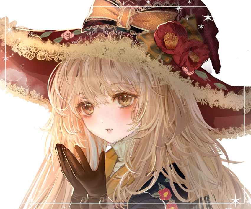 1girl bangs black_gloves blonde_hair bow flower framed gloves hair_between_eyes hat hat_bow hat_flower komirihikku long_hair looking_at_viewer open_mouth orange_bow original red_flower red_headwear solo white_background witch witch_hat yellow_eyes